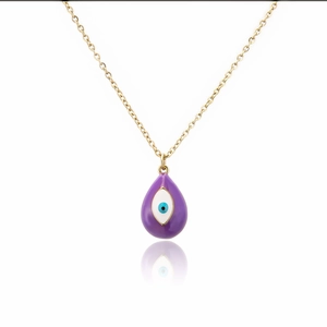 Macro view of purple water-drop evil eye pendant with 18k gold-plated O-chain