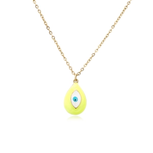 Detailed view of yellow enamel evil eye water drop pendant on 18k gold chain necklace