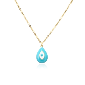 18k gold plated teardrop evil eye necklace with sky blue enamel on white background