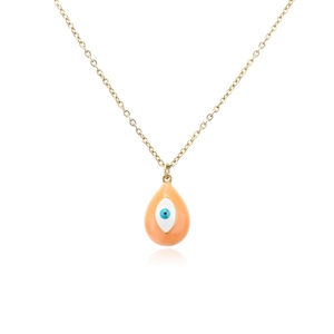 18k gold plated necklace with orange enamel evil eye teardrop pendant on white background