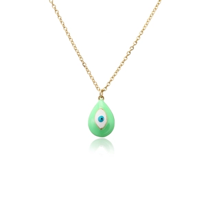 18k gold plated O-chain necklace with light green enamel waterdrop evil eye pendant