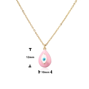 Detail showing pink waterdrop eye pendant with 12mm x 10mm dimensions and gold chain