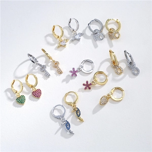 Copper Zirconia Huggie Hoop Earrings For Women Heart Flower Bird Key Pendant Micro Inlaid Multicolor Cubic Zirconia Dangle Earrings Jewelry Gift