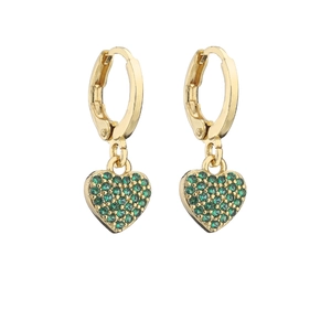 Golden heart-shaped drop earrings featuring shimmering green micro-pave cubic zirconia