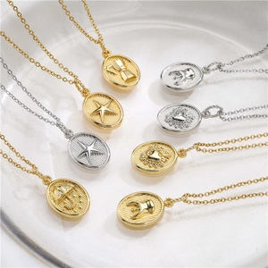 Collar de Colgante de Relieve Ovalado de Cobre Vintage para Mujer Chapado en Oro Plata Moka Estrella Corazón Paraguas Diente Joyería