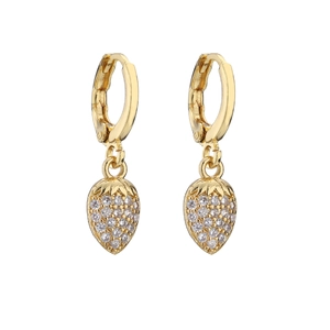 Close-up of gold-plated strawberry drop earrings with micro-paved cubic zirconia