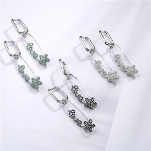 Colorful zircon Love star safety pin drop earrings set in silver finish