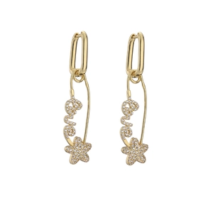 Gold star and Love letter safety pin drop earrings with sparkling cubic zirconia crystals