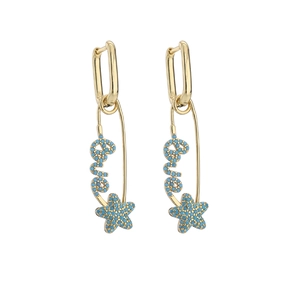 Golden safety pin earrings with turquoise Love letter and star charms in micro pave