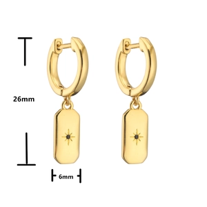 Detail of 18K gold-plated earring showing 26mm length and starburst-set black zircon