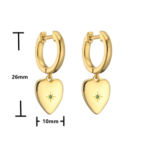Detail view of 18K gold plated heart earrings with green zircon and 26mm size marking