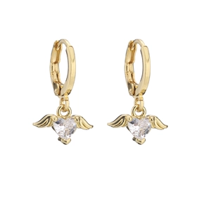 Detailed view of heart-shaped angel wing earrings with clear cubic zirconia in gold