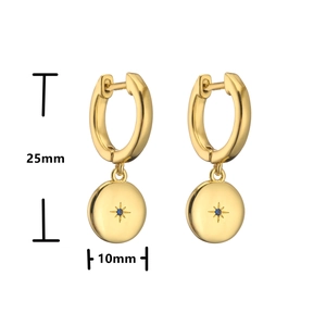 Detail of 18K gold coin earrings showing 25mm length and 10mm star pendant size