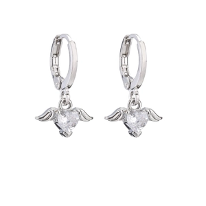 Macro detail of silver wing heart earrings with micro-set zircon and clear crystal