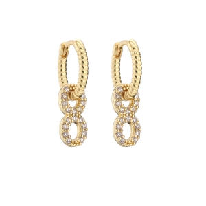 Detail of gold-plated figure-eight dangle earrings with micro-pave cubic zirconia crystals