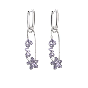 Safety pin earrings featuring Love letter and purple zircon star charms in silver finish