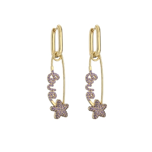 Detail showing gold safety pin earrings with purple Love letters and star zircon stones