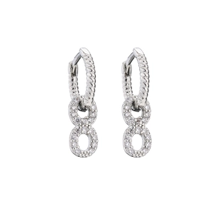 Detailed view of silver hoop earrings featuring micro-pave zircon infinity charms