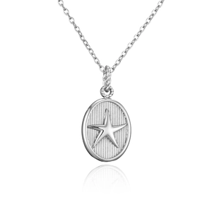 Detalle del collar ovalado de plata con estrella en relieve y colgante pulido