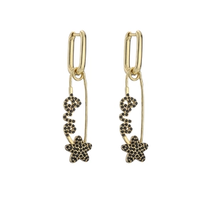 Detail of golden safety pin earrings featuring black zircon 'Love' text and star charms