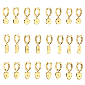 18K Gold Plated Copper Zirconia Earrings For Women Vintage North Star Geometric Heart Rectangle Round Pendant Hoop Earrings