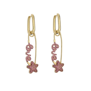 Detailed close-up of gold safety pin earrings with pink zircon LOVE letter and star charms