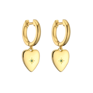 18K gold plated hoop earrings featuring heart charms with green zircon and starburst detail