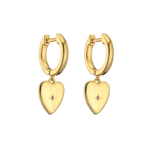 Detailed macro of 18K gold plated heart earrings with starburst red zircon inlay