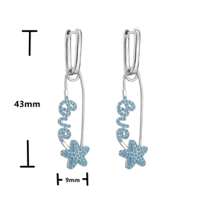 Silver safety pin earrings with Love script and star, set with blue cubic zirconia stones