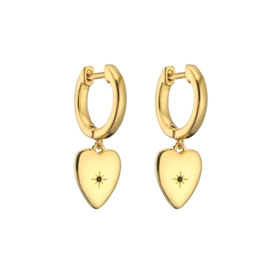 Detail of 18K gold-plated heart earrings with starburst engraving and black zircon