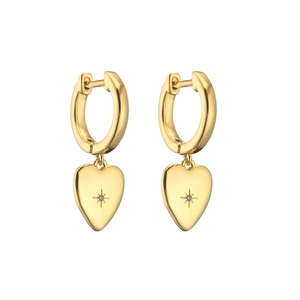 Detailed macro view of 18K gold-plated heart huggie earrings with purple zircon starburst