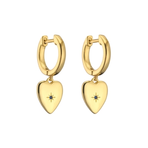 Macro view of gold-plated hoop earrings featuring blue zircon heart starburst pendants