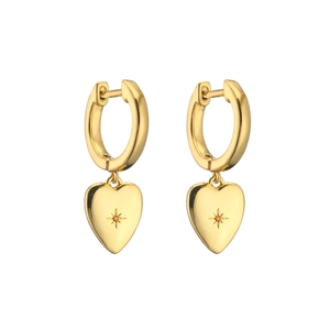 Close-up of 18K gold-plated heart drop hoop earrings with starburst set orange zircon