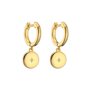 Detailed macro of 18K gold plated huggie earrings with starburst zircon circular charms