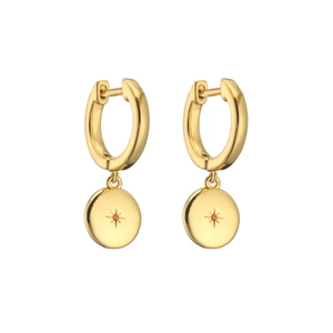 Detail of 18K gold plated hoop earring with starburst engraving and orange zircon gemstone