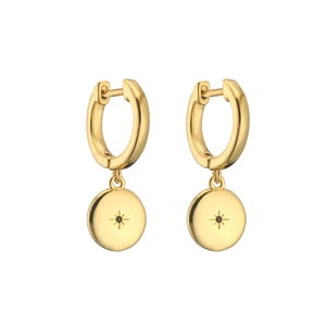 Macro detail of 18K gold plated hoop earrings with starburst pattern and black stone