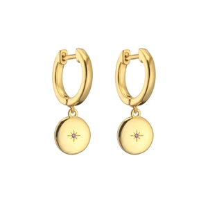 Macro view of 18K gold plated hoop earrings with purple stone and starburst engraving