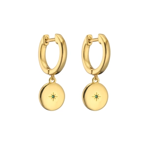 Macro shot of 18K gold plated hoop earring with starburst disk and green zircon