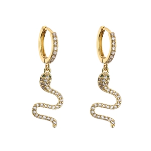 Boucles d'oreilles serpent en or avec zircons blancs et yeux en pierres vertes