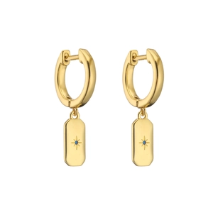 Detail of 18K gold rectangular earring featuring a North Star motif and blue zircon gem