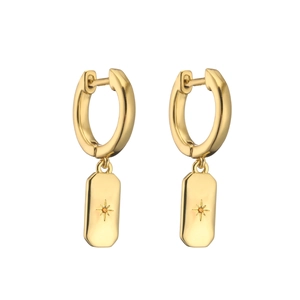 Detail of 18K gold hoop earrings with starburst engraved rectangular charms and zircon