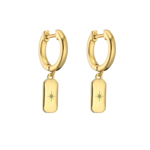 Detail of 18K gold-plated huggie earrings with starburst engraving and turquoise stones