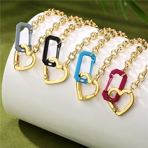 Fashion Gold Plated Copper Chunky O-Chain Necklace With Heart Carabiner And Color Safety Pin Pendant Industrial Punk Jewelry
