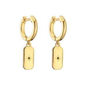 Detail of 18K gold hoop earring with starburst rectangle tag and black zircon
