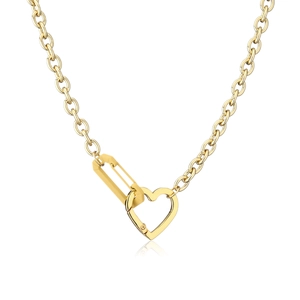 Detail of chunky gold chain necklace with interlocking heart carabiner and safety pin clasp