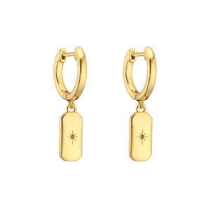 Detailed close-up of 18K gold-plated rectangle hoop earrings with red zircon starburst