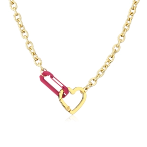 Detailed view of gold-plated chain featuring a pink carabiner and heart-shaped clasp
