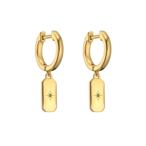 Detail of 18K gold-plated earring with a rectangular pendant and green zircon starburst