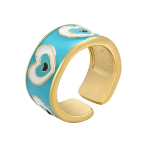 Adjustable light blue enamel heart eye ring with gold plating in minimalist style