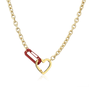 Golden link chain necklace featuring a red matte pin and a heart shaped carabiner lock